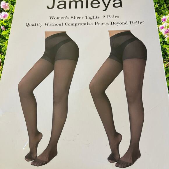 Jamieya Women's Sheer Black Tights 2 Pair Plus Size 2XL Control Top New in Box - Picture 2 of 3
